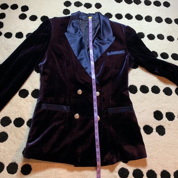 Vintage 90s Tuxedo 2 Pc Suit Set Navy Velvet Blazer Jacket Satin High Rise Pants - Picture 9 of 16